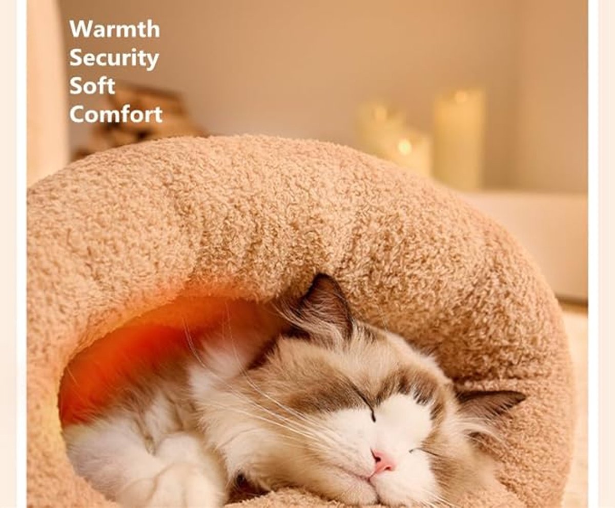 Cat Bed - Cave Cat Basket - Winter Sleeping Bag for Pets - Soft Plush Cat Bed - Suitable for Indoor Cats, Kittens and Dogs (Beige, L-54*45cm)