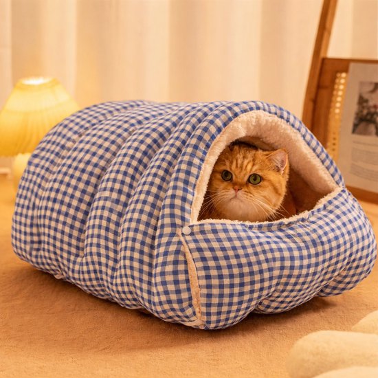 Cat House - Cat Basket - Plush and Warm - Removable and Washable - Closed Cat Bed for Winter - Suitable for Indoor and Outdoor Use in Winter, Camping, Travel, Bedroom, Living Room and Apartment - Blue and White Checkered Pattern