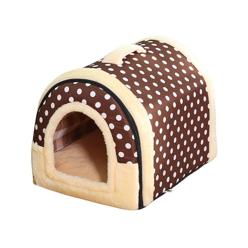 S Size Pet House Kennel Soft Igloo Beds Cave Cat Puppy Bed Warm Cushion Fold - Brown Dots