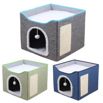 Foldable Pet Cat Calming Bed Hideaway Interactive House Nest Scratching Board - Dark Grey