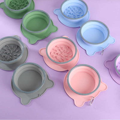 Pink Portable Collapsible Pet Bowl Set - Food-Grade Silicone Double Bowl for Dogs & Cats, Anti-Slip & Easy to Clean