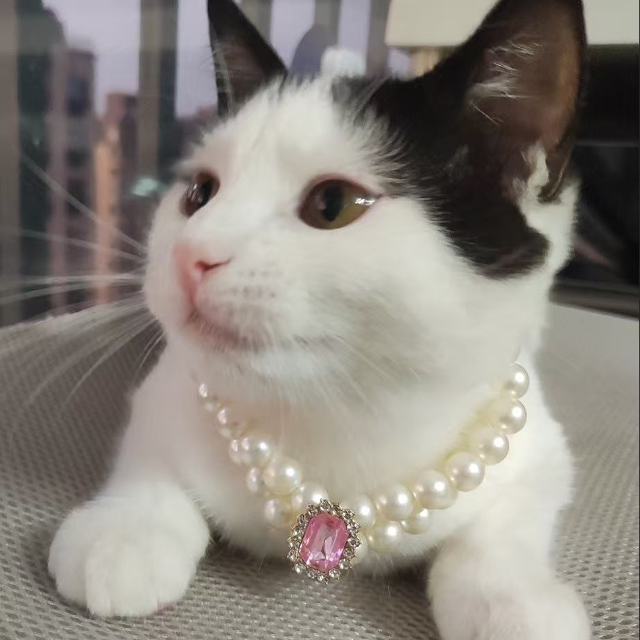 3-pcs Pink Diamond  Double Strand Pearl & Rhinestone Pet Necklace - Luxury Collar for Cats & Dogs Size L (30-36cm)