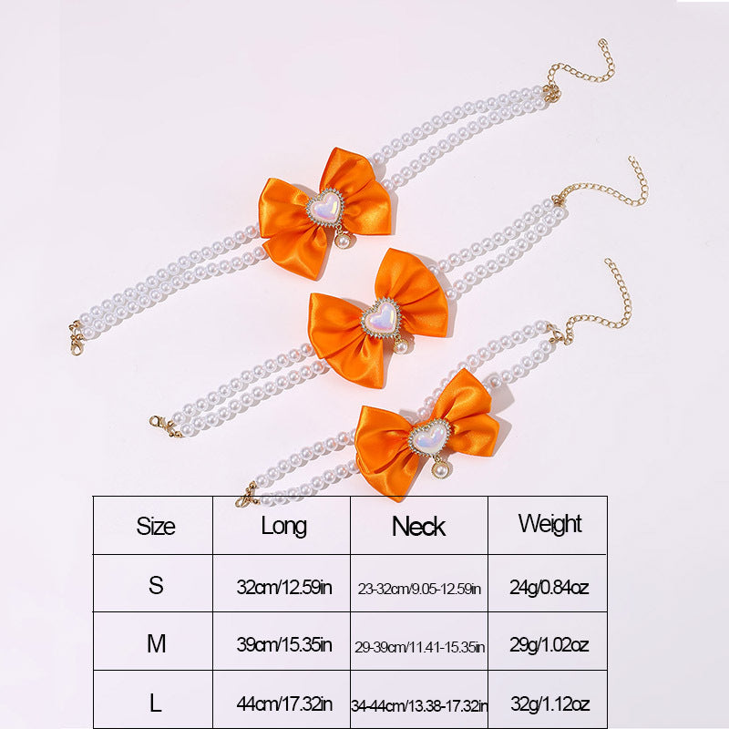 2 - PCS Cute Pet Pearl Necklace Collar with Orange Bow and Heart Charm - Size M