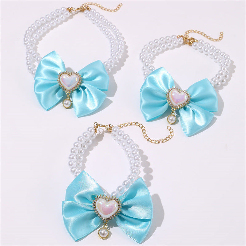 2 - PCS Cute Pet Pearl Necklace Collar with Blue Bow and Heart Charm - Size L