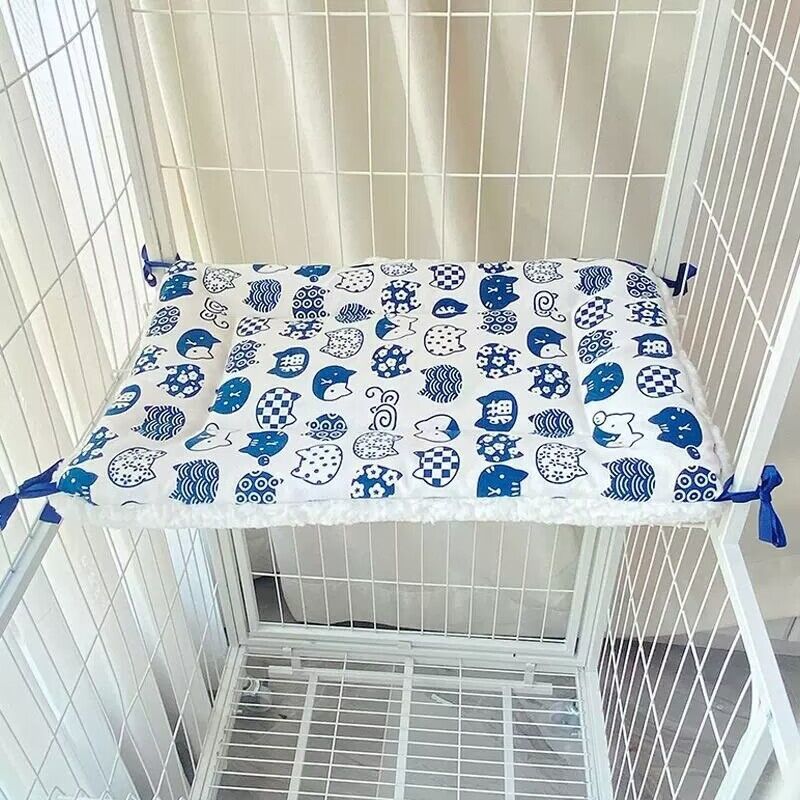 Cat Cage Platform Mat - Blue cat pattern on white background (40x60cm)