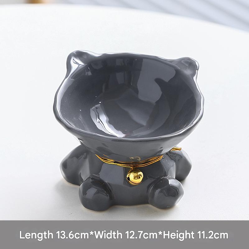 Gray Cute Ceramic Cat Bowl - Pet Feeder for Feeding and Drinking