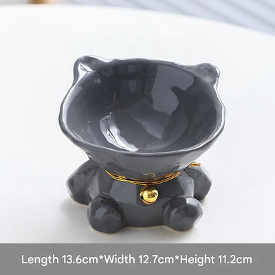 Gray Cute Ceramic Cat Bowl - Pet Feeder for Feeding and Drinking