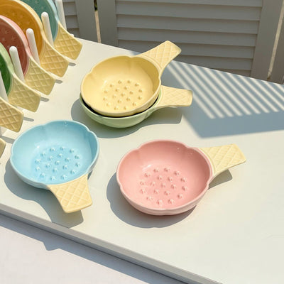 Green and Yellow Adorable Ice Cream Cone Ceramic Slow Feeder Pet Bowl - Fun Anti-Gulp Design for Cats & Dogs