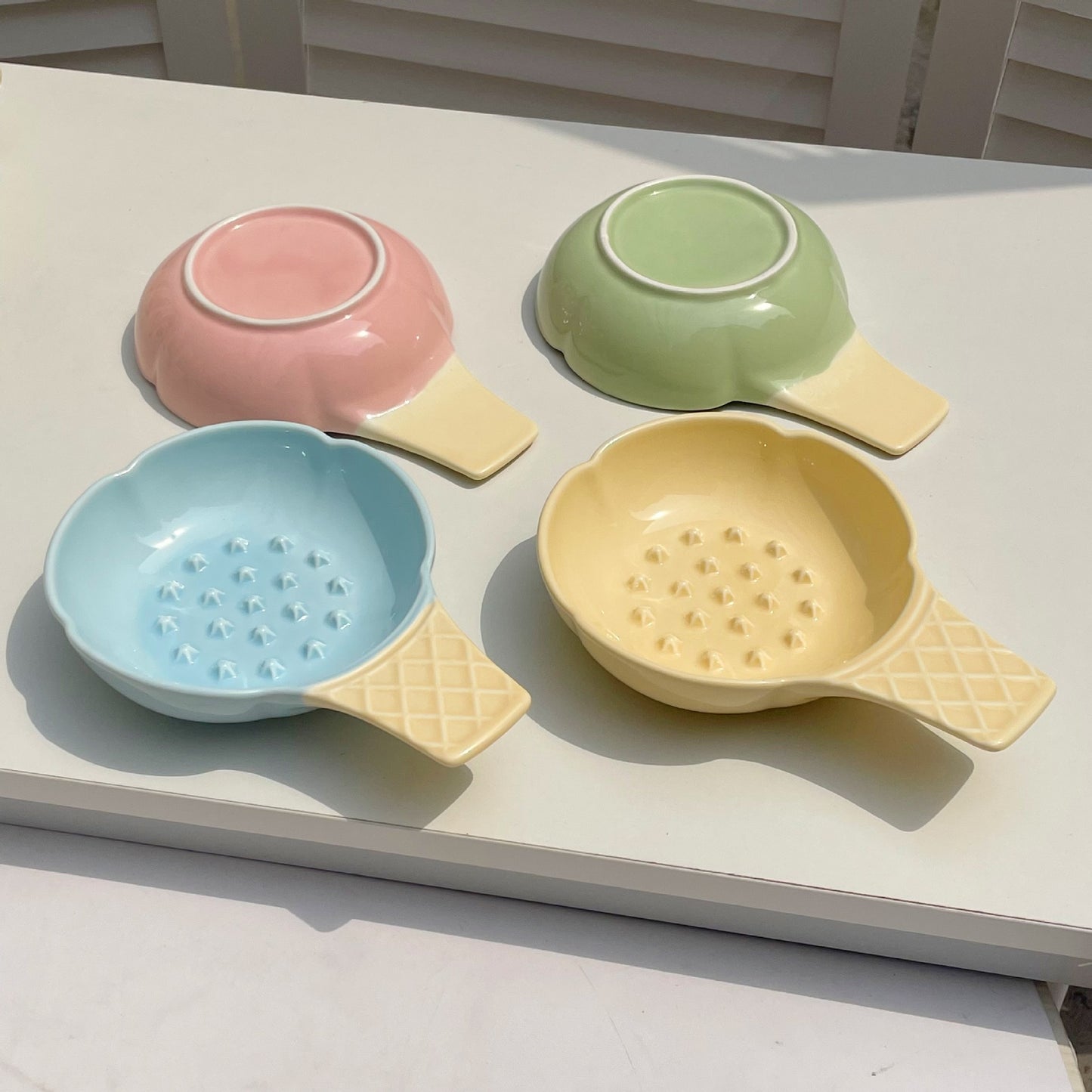 Green and Yellow Adorable Ice Cream Cone Ceramic Slow Feeder Pet Bowl - Fun Anti-Gulp Design for Cats & Dogs