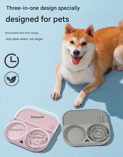 2 Pcs Blue 3-in-1 Silicone Pet Slow Feeder & Lick Mat with Water Bowl - Non-Slip Design for Dogs & Cats
