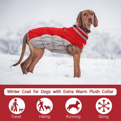 S Red Grey Premium Winter Puffer Dog Coat - Windproof & Fleece-Lined Jacket for Cold Weather