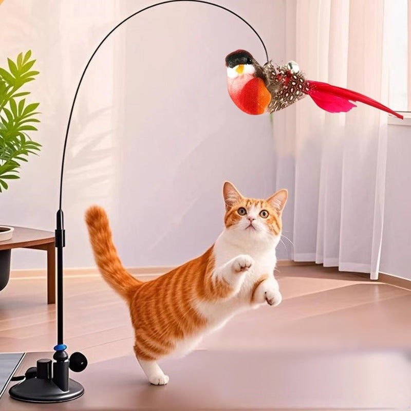 Interactive Self-Play Cat Wand with Suction Base - Automatic Bouncing Teaser Including Bell & 3 Bird Attachments(Orange)