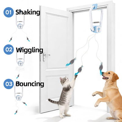Dual Mode Interactive Cat Toy with Hanging Clamp & 3 Tail Toys - Random Rotating Swinging Teaser for Indoor Cats, Remote Controlled & Automatic 15-Min Playmate