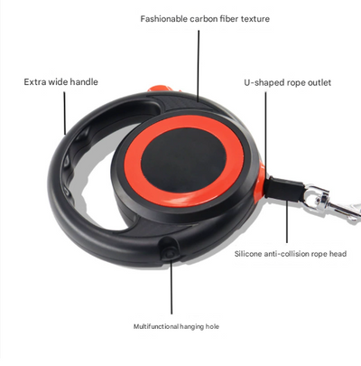 Black-yellow Heavy Duty Retractable Dog Leash with Ergonomic Wide Handle - Automatic Tangle-Free Extending Lead for Large and Medium Dogs - Carbon Fiber Texture