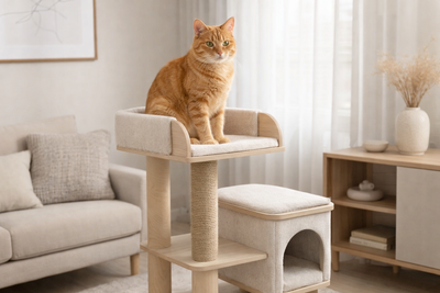 Modern cat furniture with a cat relaxing on a stylish cat tree in a bright home in Australia