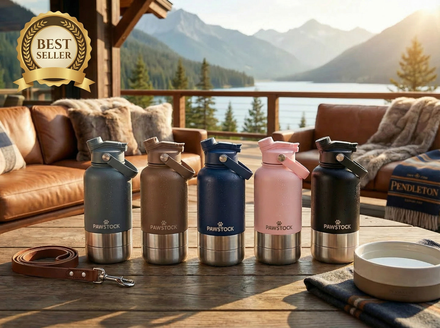 Pawstock 3-in-1 Insulated Dog Water Bottle with Dual Bowls – 1L Stainless Steel Travel Bottle