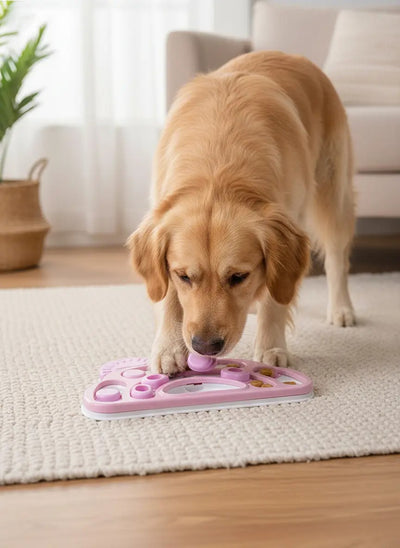 Dog using interactive puzzle toy slow feeder in Australia
