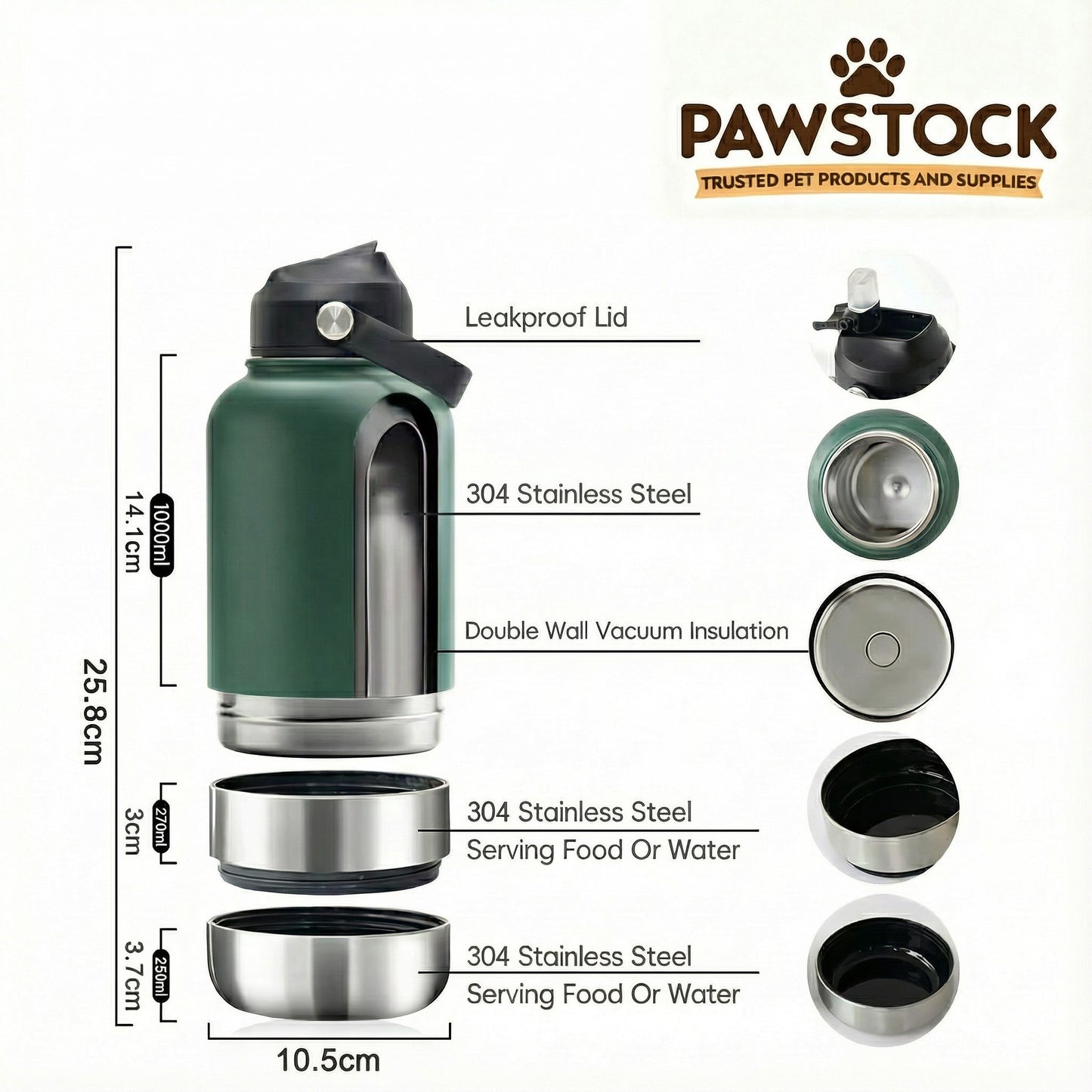 Pawstock 3 in 1 insulated dog water bottle with dual stainless steel bowls
