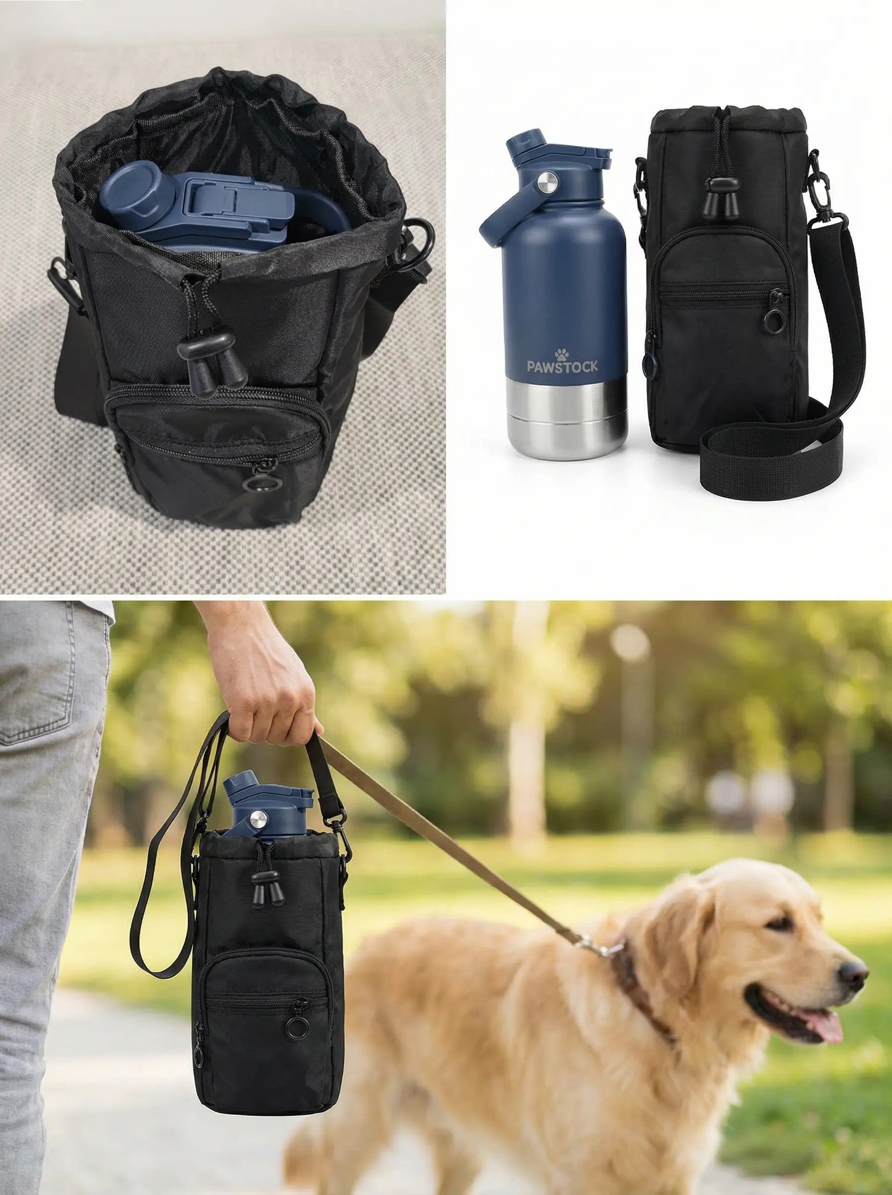 Pawstock dog walking carrier bag with water bottle holder and multi-pocket storage for treats and waste bags outdoors
