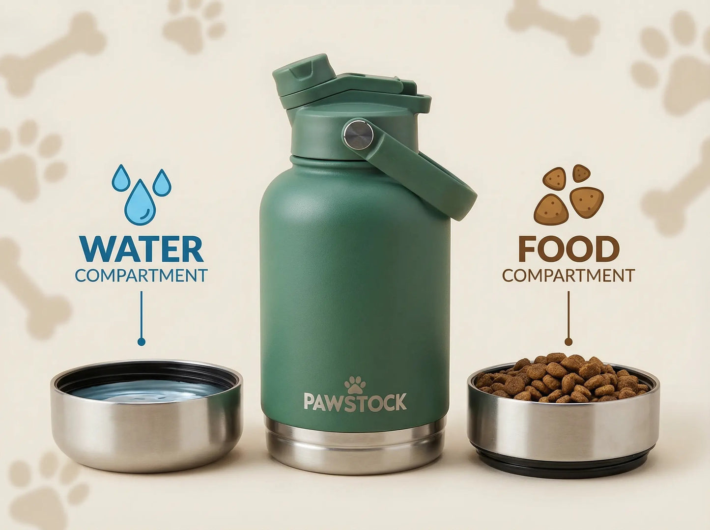 Pawstock 3-in-1 Insulated Dog Water Bottle with Dual Bowls – 1L Stainless Steel Travel Bottle