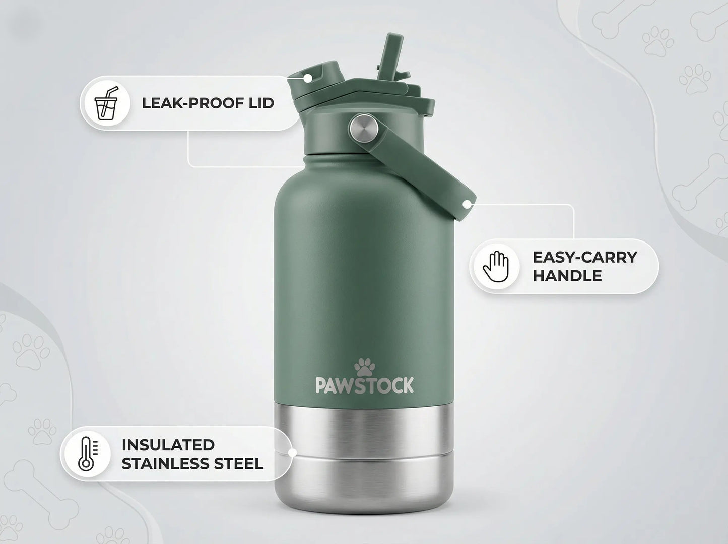 Pawstock 3-in-1 Insulated Dog Water Bottle with Dual Bowls – 1L Stainless Steel Travel Bottle