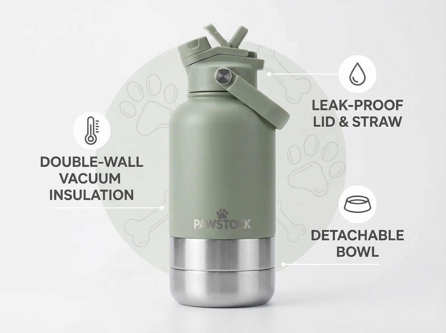 Pawstock 3-in-1 Insulated Dog Water Bottle with Dual Bowls – 1L Stainless Steel Travel Bottle