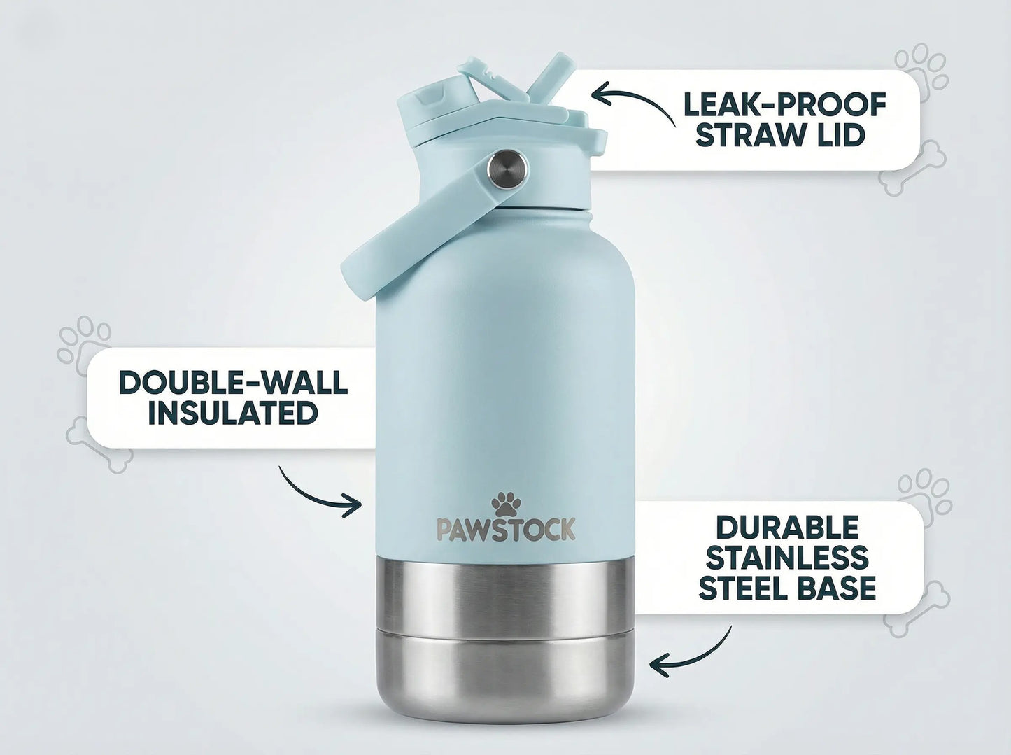 Pawstock 3-in-1 Insulated Dog Water Bottle with Dual Bowls – 1L Stainless Steel Travel Bottle