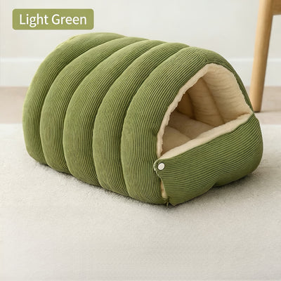 High-Elasticity Warm Cat Bed: 57×37×28cm Wrapped Design, Striped Fleece + Arctic Fleece Heat Retention, Removable & Washable（light GREEN）