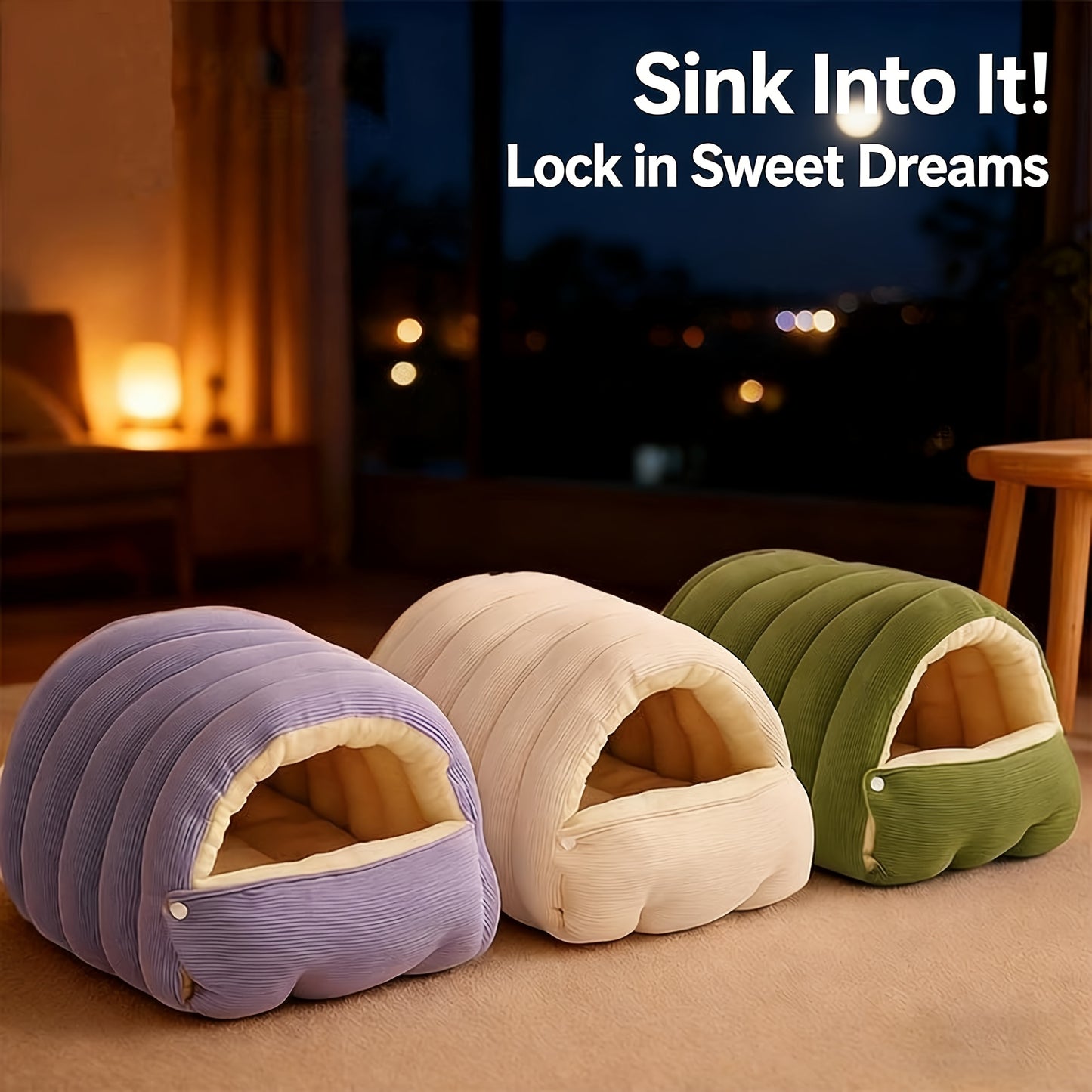 High-Elasticity Warm Cat Bed: 57×37×28cm Wrapped Design, Striped Fleece + Arctic Fleece Heat Retention, Removable & Washable（light GREEN）