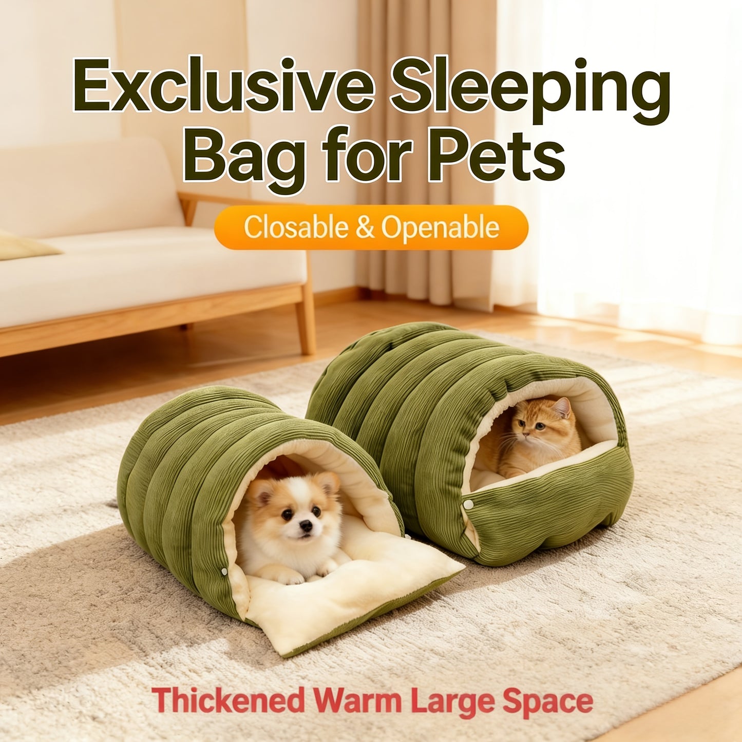 High-Elasticity Warm Cat Bed: 57×37×28cm Wrapped Design, Striped Fleece + Arctic Fleece Heat Retention, Removable & Washable（light GREEN）