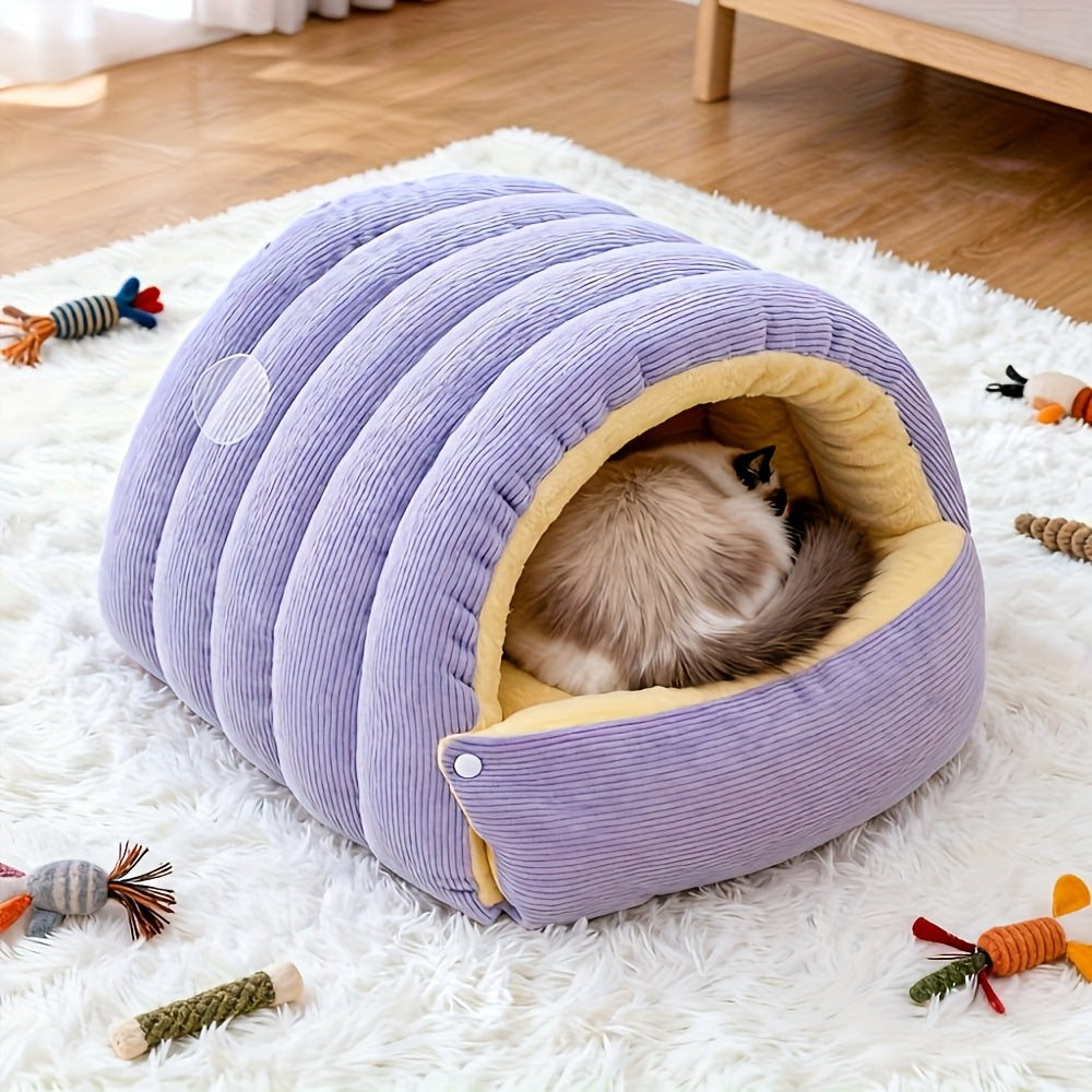 High-Elasticity Warm Cat Bed: 57×37×28cm Wrapped Design, Striped Fleece + Arctic Fleece Heat Retention, Removable & Washable（light GREEN）