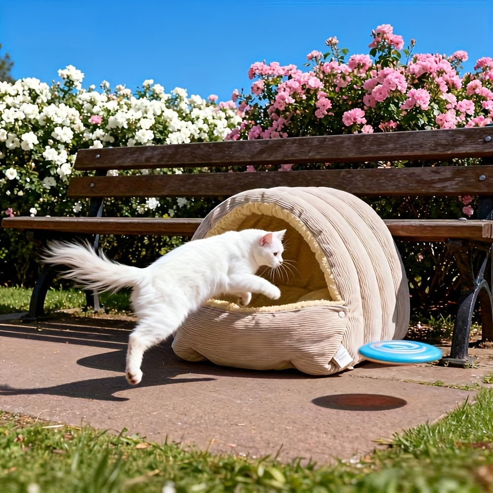 High-Elasticity Warm Cat Bed: 45×30×19cm Wrapped Design, Striped Fleece + Arctic Fleece Heat Retention, Removable & Washable（light GREEN）