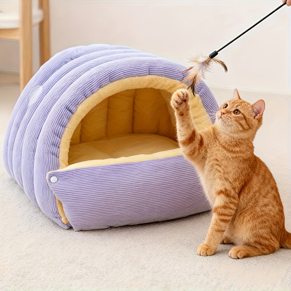High-Elasticity Warm Cat Bed: 45×30×19cm Wrapped Design, Striped Fleece + Arctic Fleece Heat Retention, Removable & Washable（light beige）