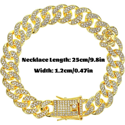 Chain Collar for Dog Diamond Cuban Link Dog Collar 13mm Wide Pet Cuban Style Collar Metal Cat Chain Pet Crystal Collar Jewelry Accessories for Small Medium Large Dogs Cats (10 Inch, Gold)