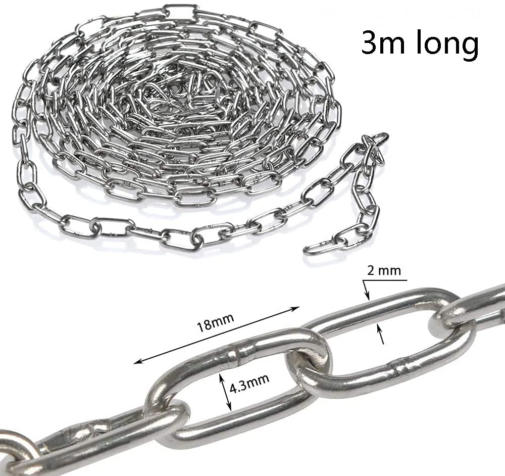 SUS304 Stainless Steel Chain Metal Chain Link Chain Small Light Duty Chain Utility Chain for Home Outdoor Camping Hanging Pet Chain Prevention Theft -Thickness 0.08 inches (2mm)- Length 9.8ft (3m)