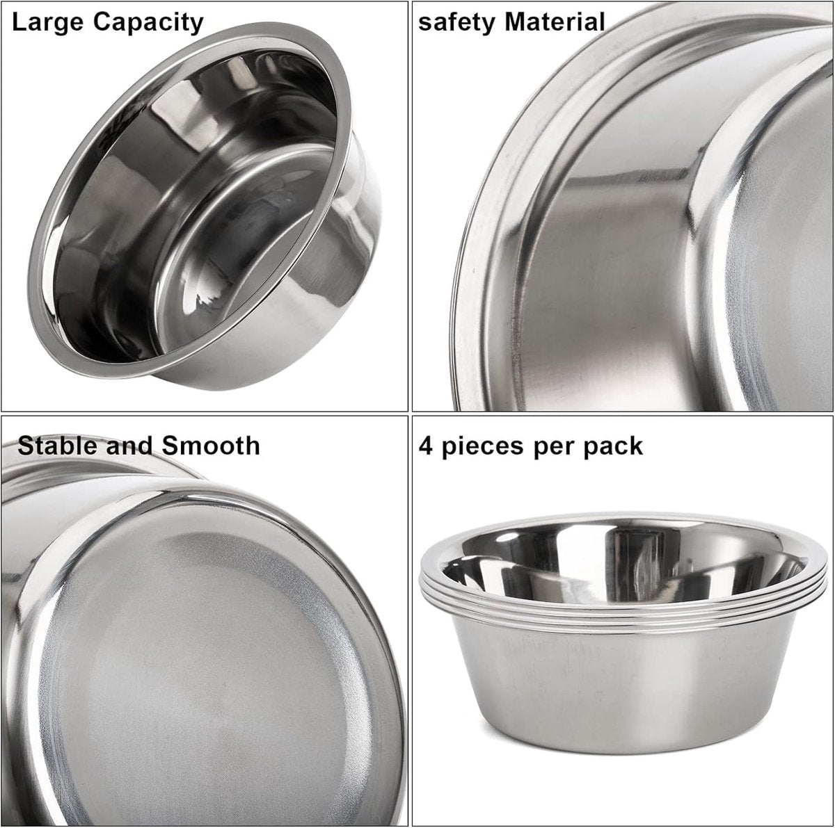 4-Pack Stainless Steel Food and Water Bowls for Cats and Dogs - Pet Food and Water Bowls - Pet Bowls - For Large, Medium, and Small Dogs - Kitten Bowls - Puppy Bowls