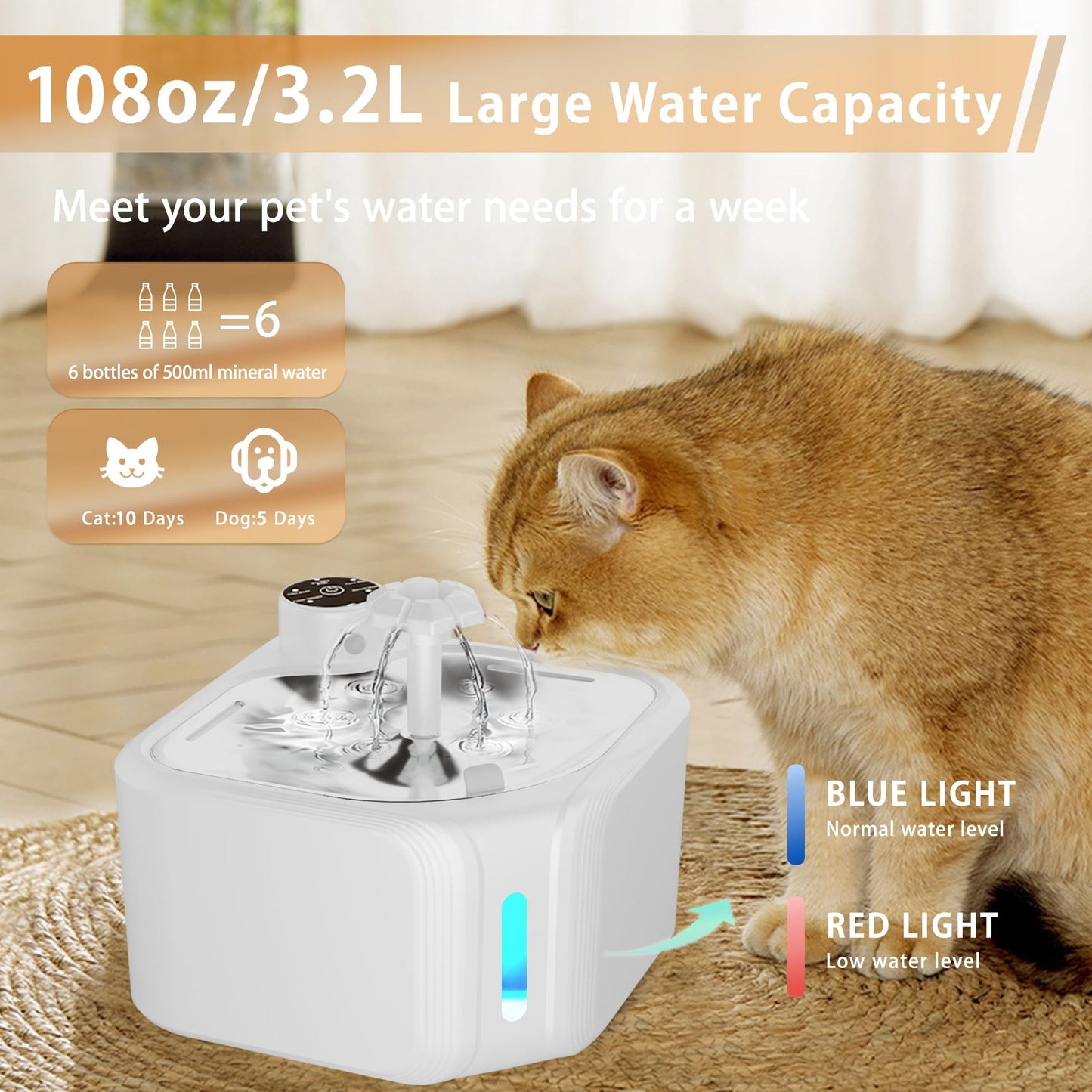 PawGlow Wireless Pet Fountain 2.8L - Cat And Dog Water Dispenser With LED Lighting And 8 Filters