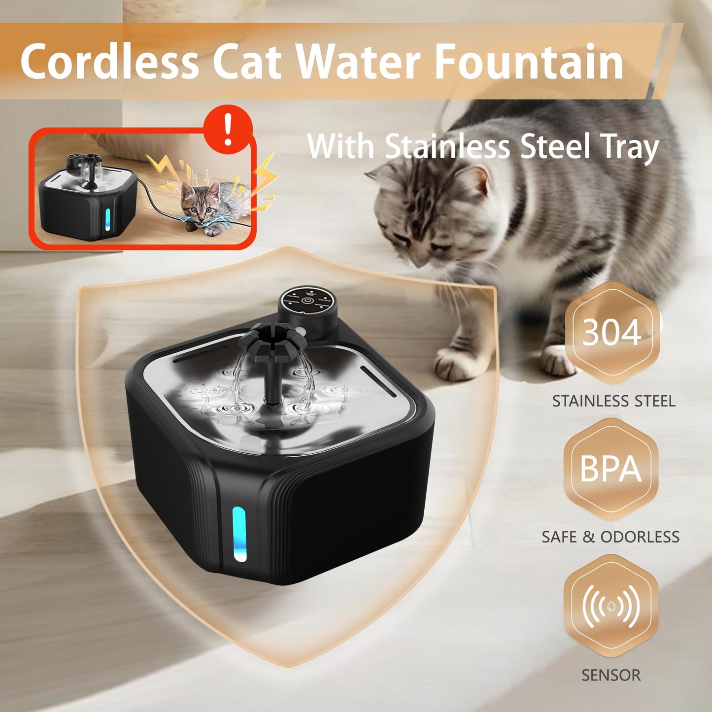 Wireless 2.8L cat water fountain with LED lighting and stainless steel bowl in white – automatic pet drinking fountain Australia