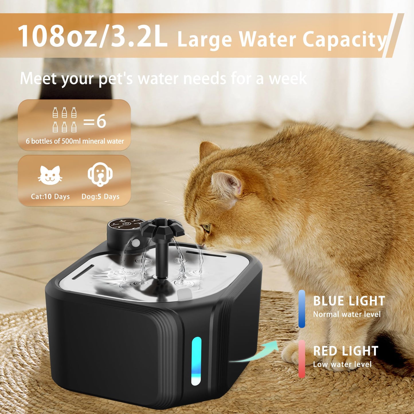 Wireless 2.8L cat water fountain with LED lighting and stainless steel bowl in white – automatic pet drinking fountain Australia