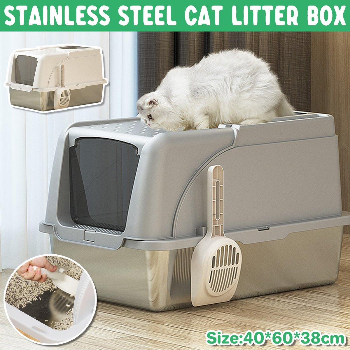 Durable Stainless Steel Cat Litter Box Pan With Flip Cover Odor Control Tray Large White