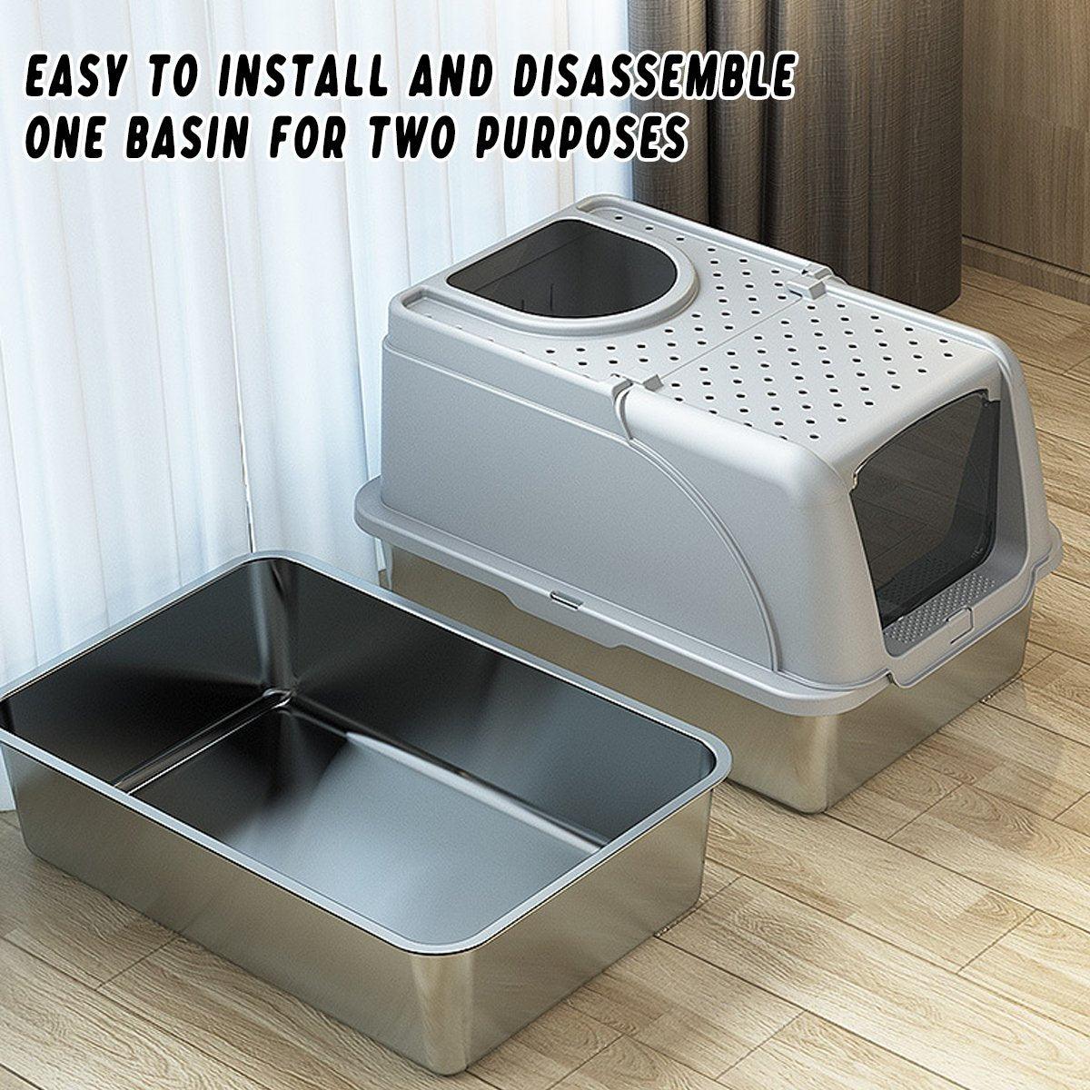 Durable Stainless Steel Cat Litter Box Pan With Flip Cover Odor Control Tray Large White