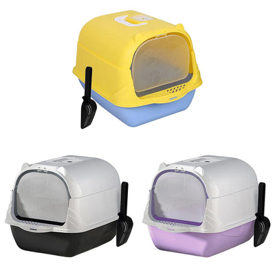 Enclosed Cat Litter Box Lid Scoop Splash Proof Lift Top Removable Toilet Tray - Black