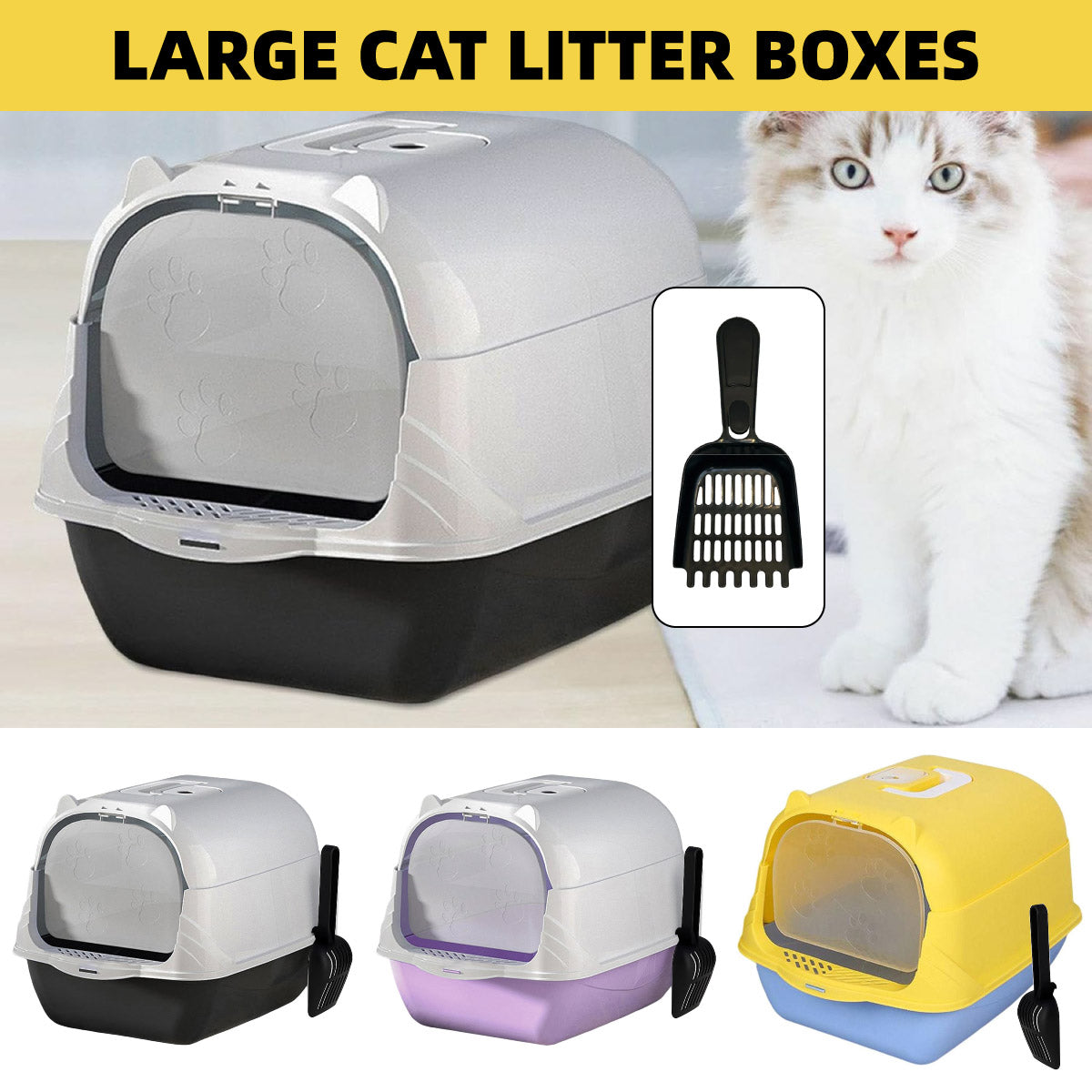 Enclosed Cat Litter Box With Lift Top Lid Splash Proof Dual Swing Doors Removable Tray Blue and Yellow