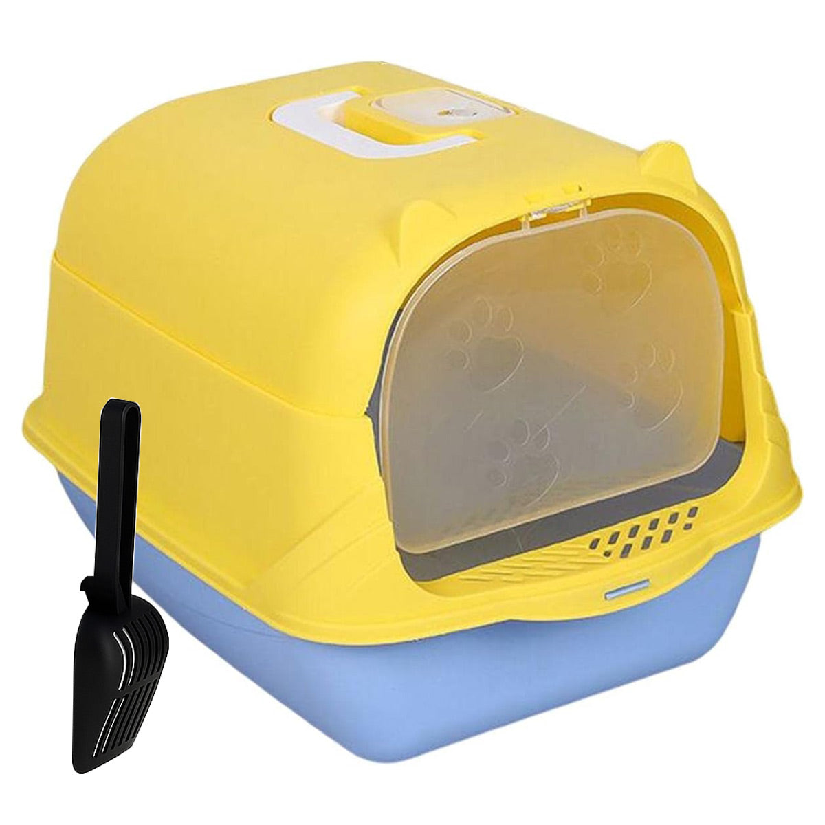 Enclosed Cat Litter Box With Lift Top Lid Splash Proof Dual Swing Doors Removable Tray Blue and Yellow