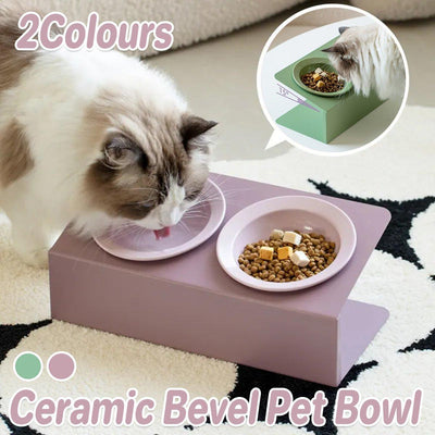 Ceramic Slanted Double Pet Bowl Cat Dog Food Water Bowl Non-Slip Feeding Dish - Purple