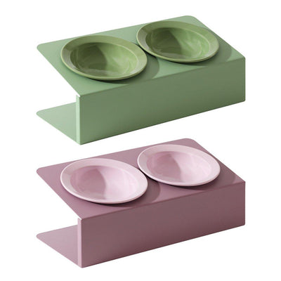 Ceramic Slanted Double Pet Bowl Cat Dog Food Water Bowl Non-Slip Feeding Dish - Purple