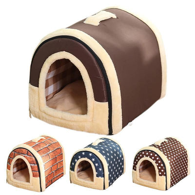 L Size Pet House Kennel Soft Igloo Beds Cave Cat Puppy Bed Warm Cushion Fold - Brown Dots