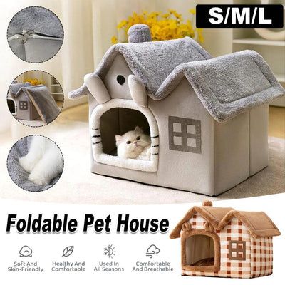 Removable Washable Pet House Four Seasons Cat Enclosed House - Brown-S