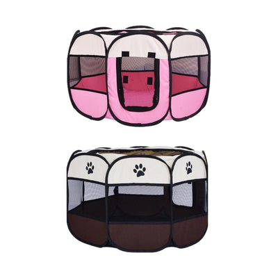 Pet Fence Indoor Cat Dog Tent Octagonal Fence Portable Foldable Cage Kennel - S-Pink