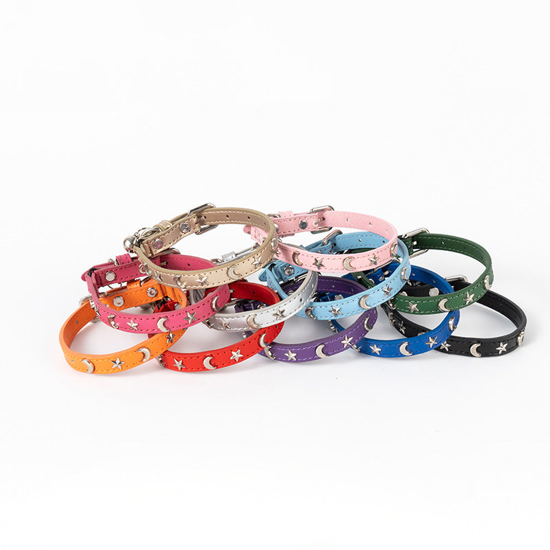 3 pcs Purple Stylish PU Leather Pet Collar - Anti-Loss, Puppy Bell, Star & Moon Design Width 1.2cm Total Length 35cm
